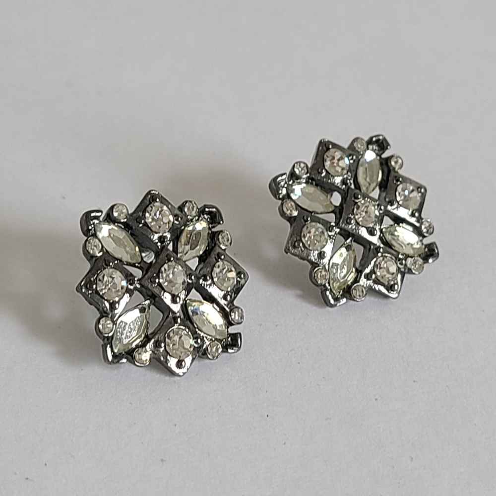 Vintage Dark Metal Silver Tone Crystal Rhinestone Fancy Square Stud Earrings